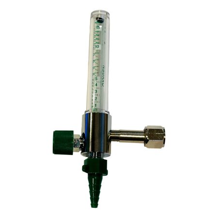 Medical O2 Flowmeter 0-15 LPM with O2 DISS Hex Nut Inlet and Green Hose Barb Outlet