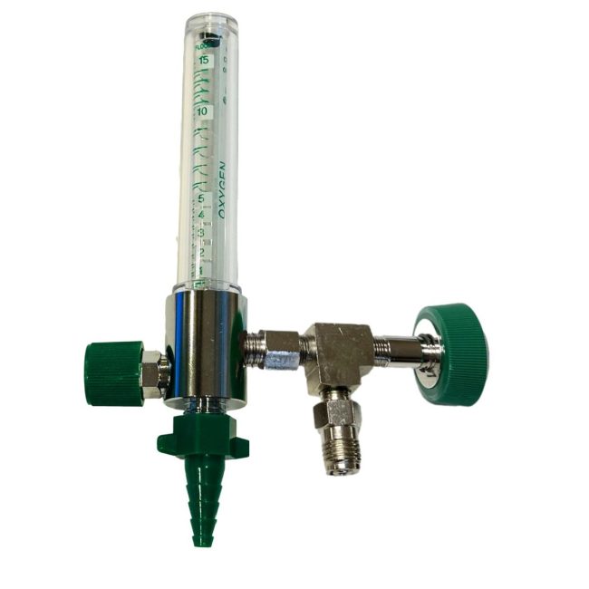 Medical O2 Flowmeter 0-15 LPM with O2 DISS Hand Tight Inlet, O2 DISS Power Take-off, and Green Hose Barb Outlet