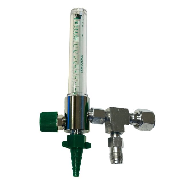 Medical O2 Flowmeter 0-15 LPM with O2 DISS Hex Nut Inlet, O2 DISS Power Take-off, and Green Hose Barb Outlet