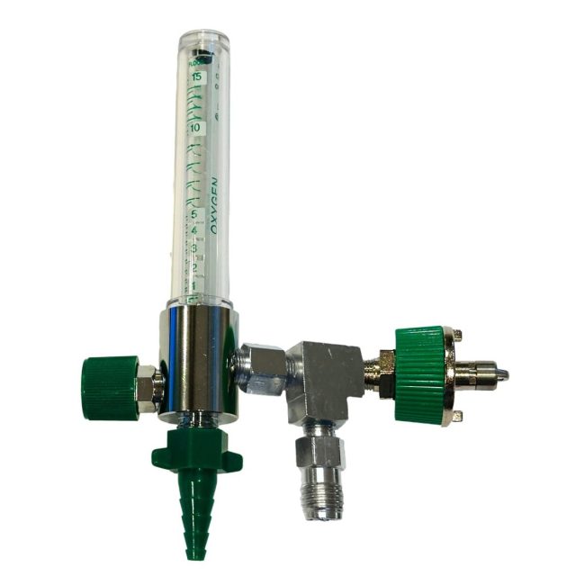 Medical O2 Flowmeter 0-15 LPM with O2 Ohmeda QC Inlet, O2 DISS Power Take-off, and Green Hose Barb Outlet
